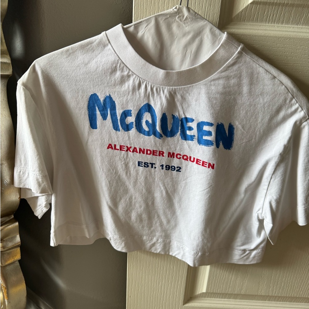 Alexander McQueen White Tee with Blue and Red Logo worn once perfect condition